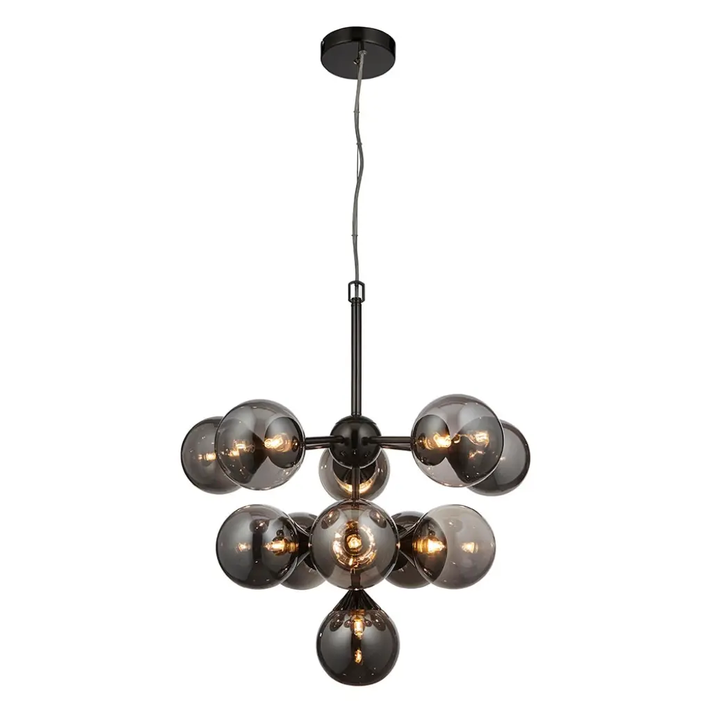 Oscar 11 Light Pendant in Black with Smoked Glass