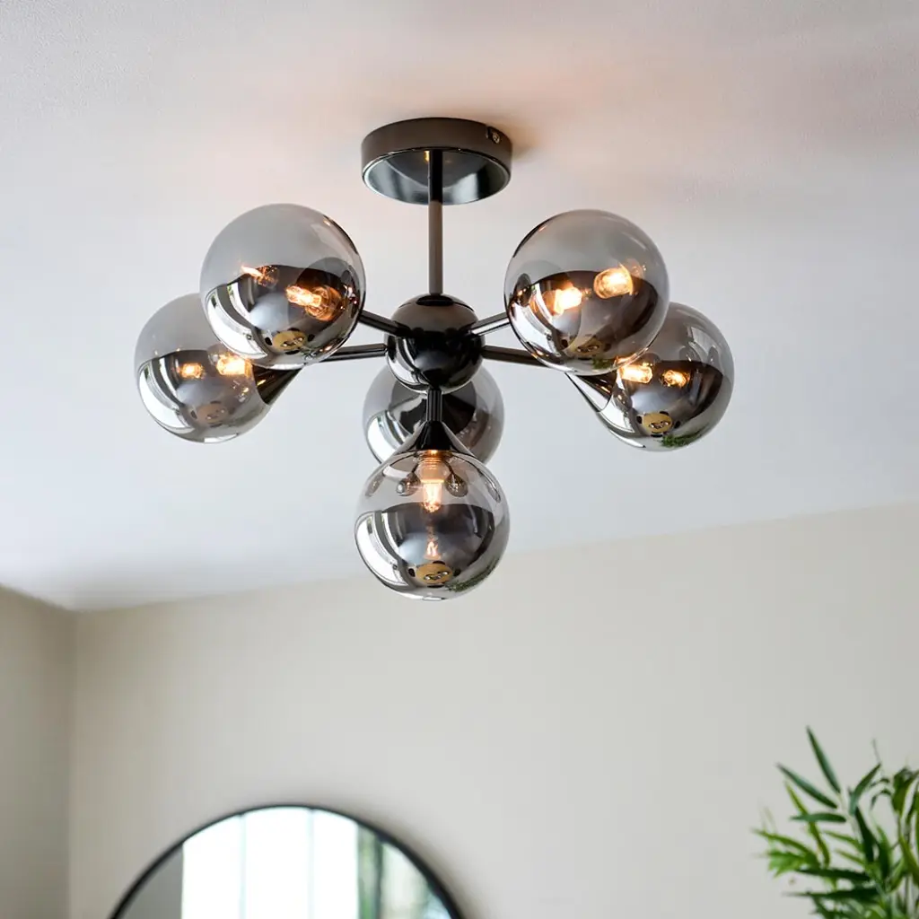 Oscar 6 Light Black Semi Flush with Smoked Glass