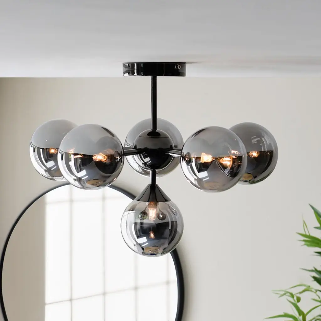 Oscar 6 Light Black Semi Flush with Smoked Glass