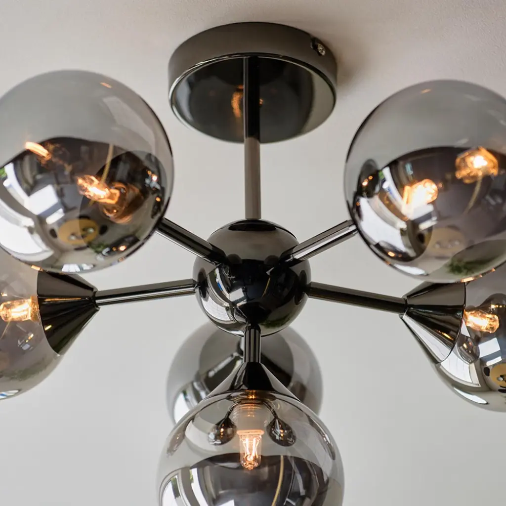 Oscar 6 Light Black Semi Flush with Smoked Glass