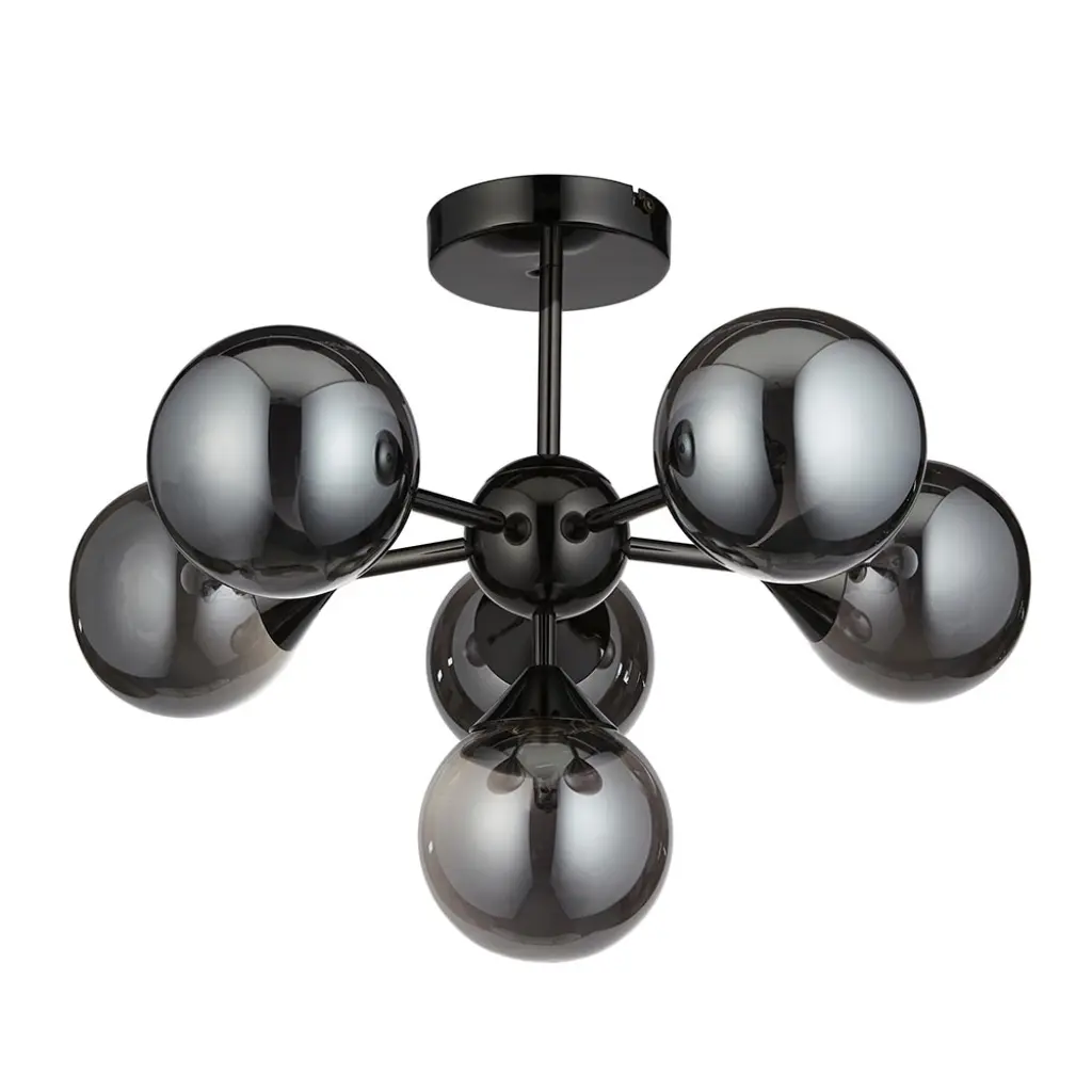 Oscar 6 Light Black Semi Flush with Smoked Glass
