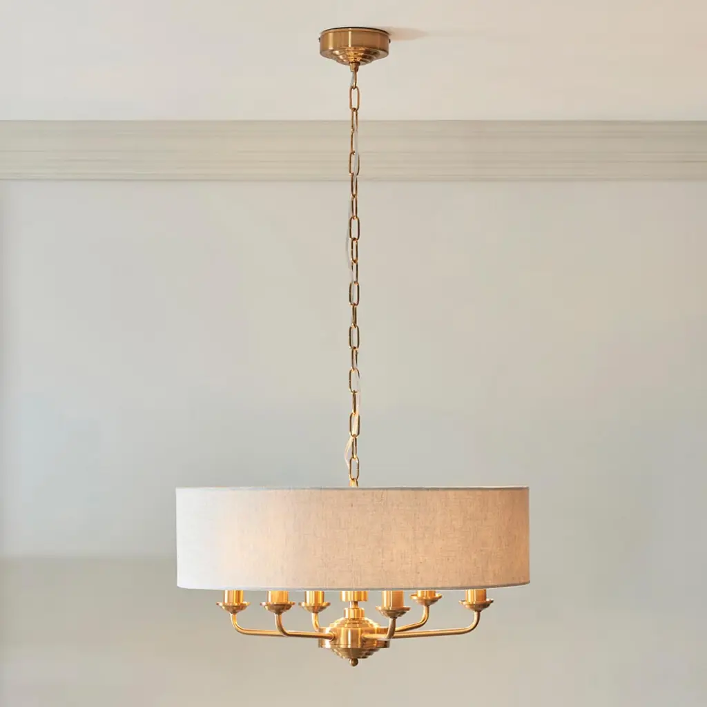 Highclere 6 Light Drum Pendant in Brass C/W Natural Shade