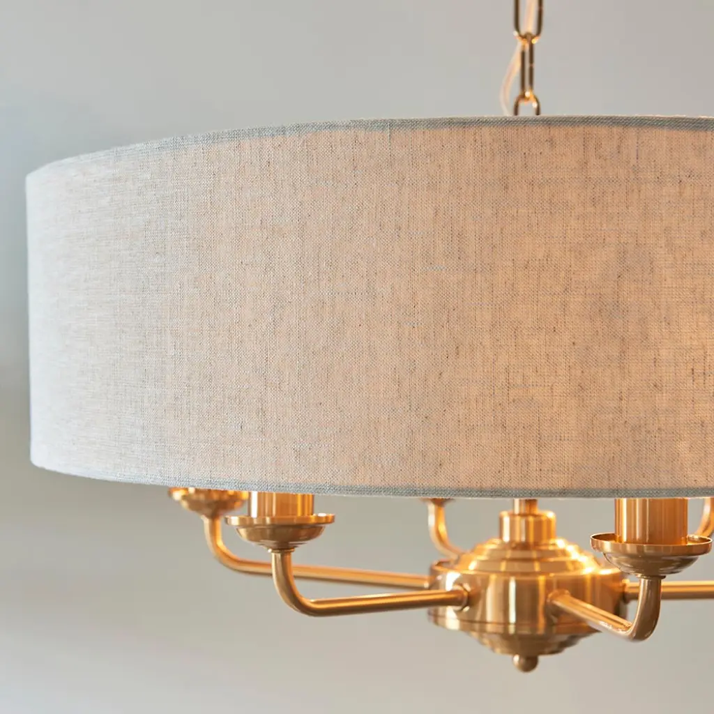 Highclere 6 Light Drum Pendant in Brass C/W Natural Shade