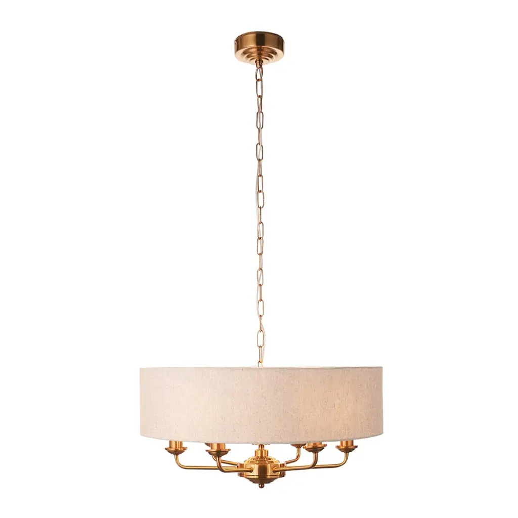 Highclere 6 Light Drum Pendant in Brass C/W Natural Shade