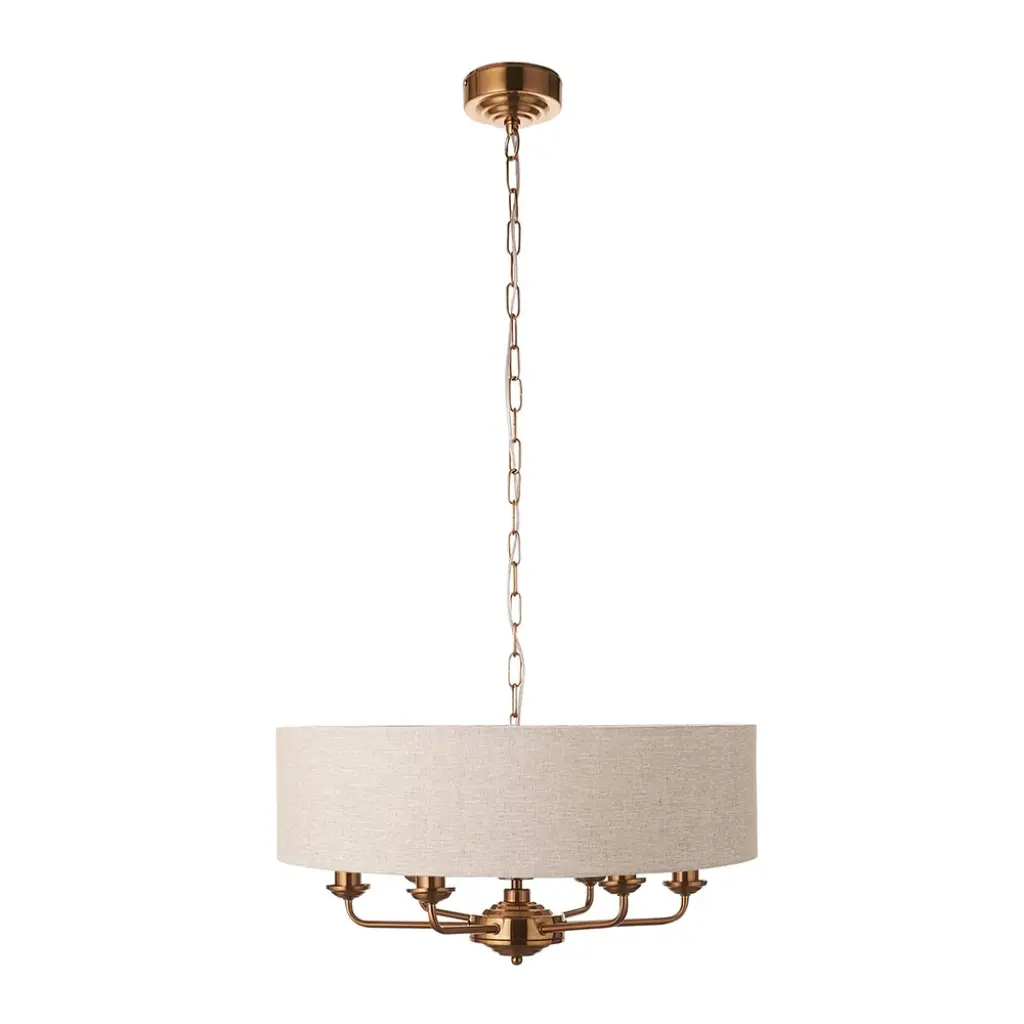 Highclere 6 Light Drum Pendant in Brass C/W Natural Shade