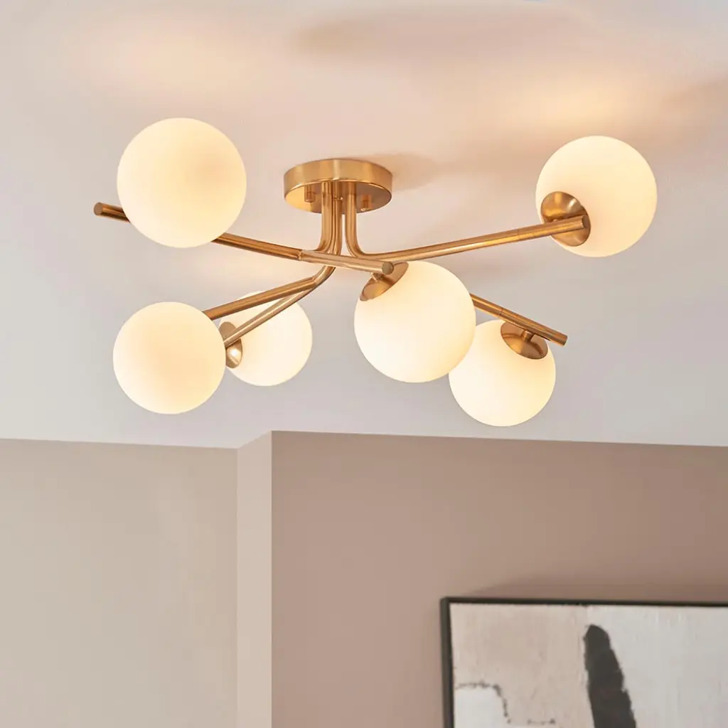 Aaron 6 Light Semi Flush Brass Fitting with Opal Shades