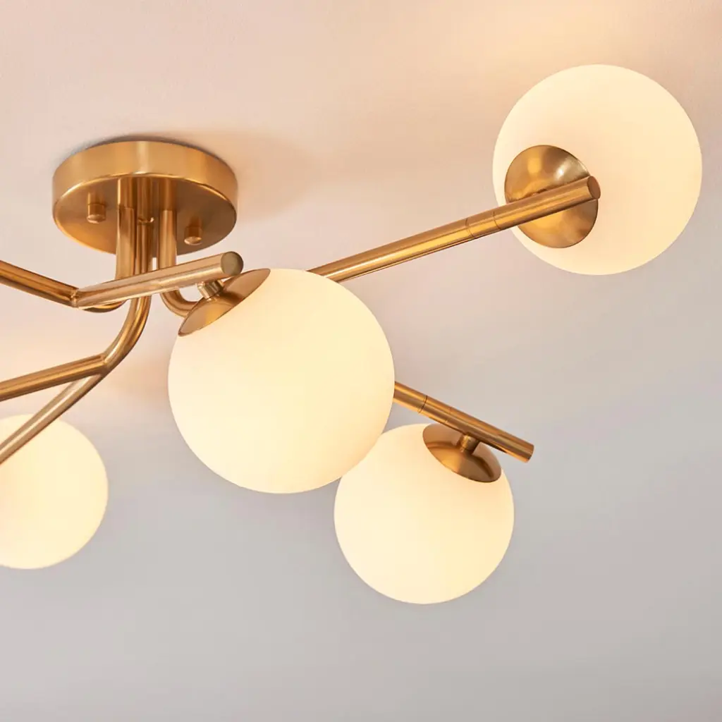 Aaron 6 Light Semi Flush Brass Fitting with Opal Shades