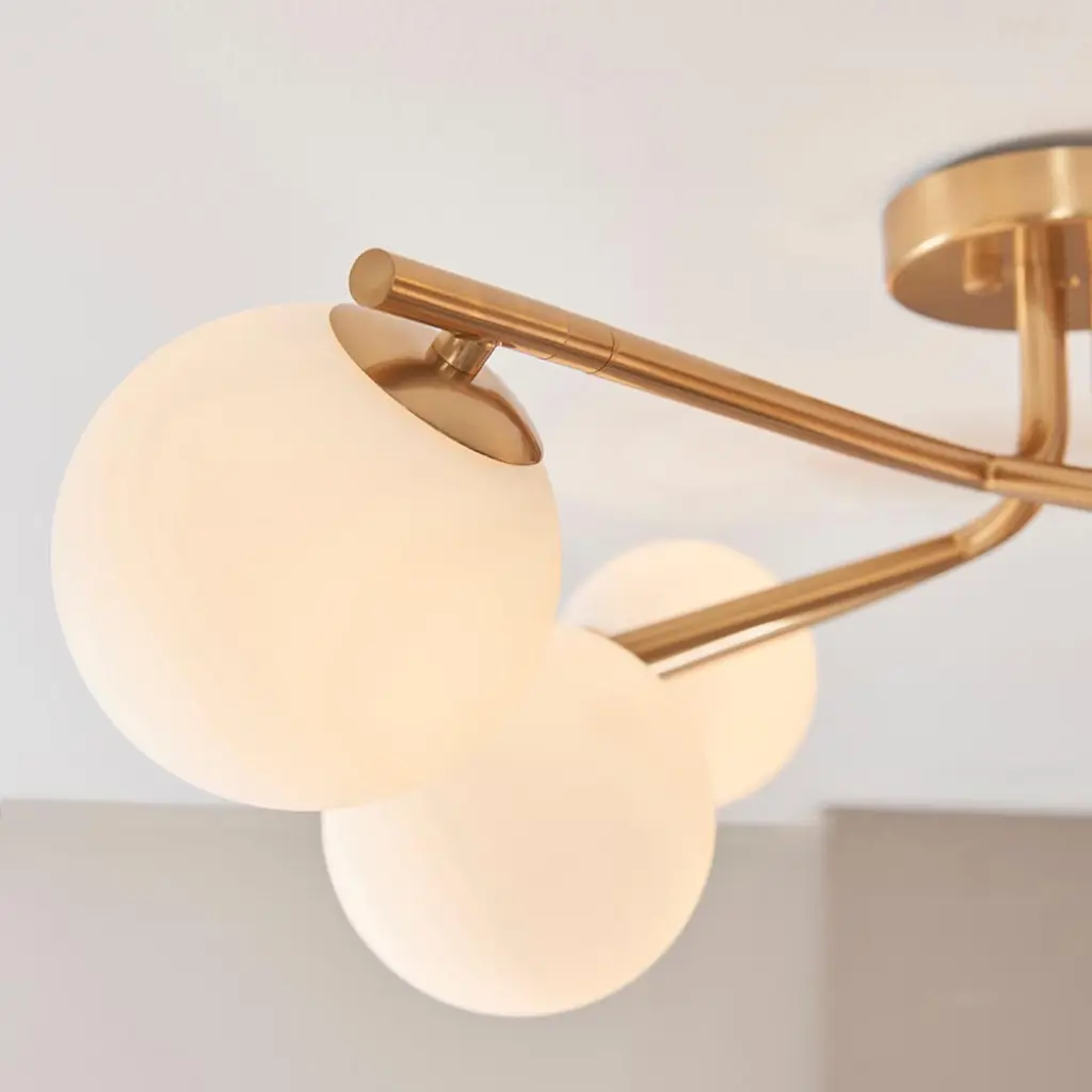 Aaron 6 Light Semi Flush Brass Fitting with Opal Shades