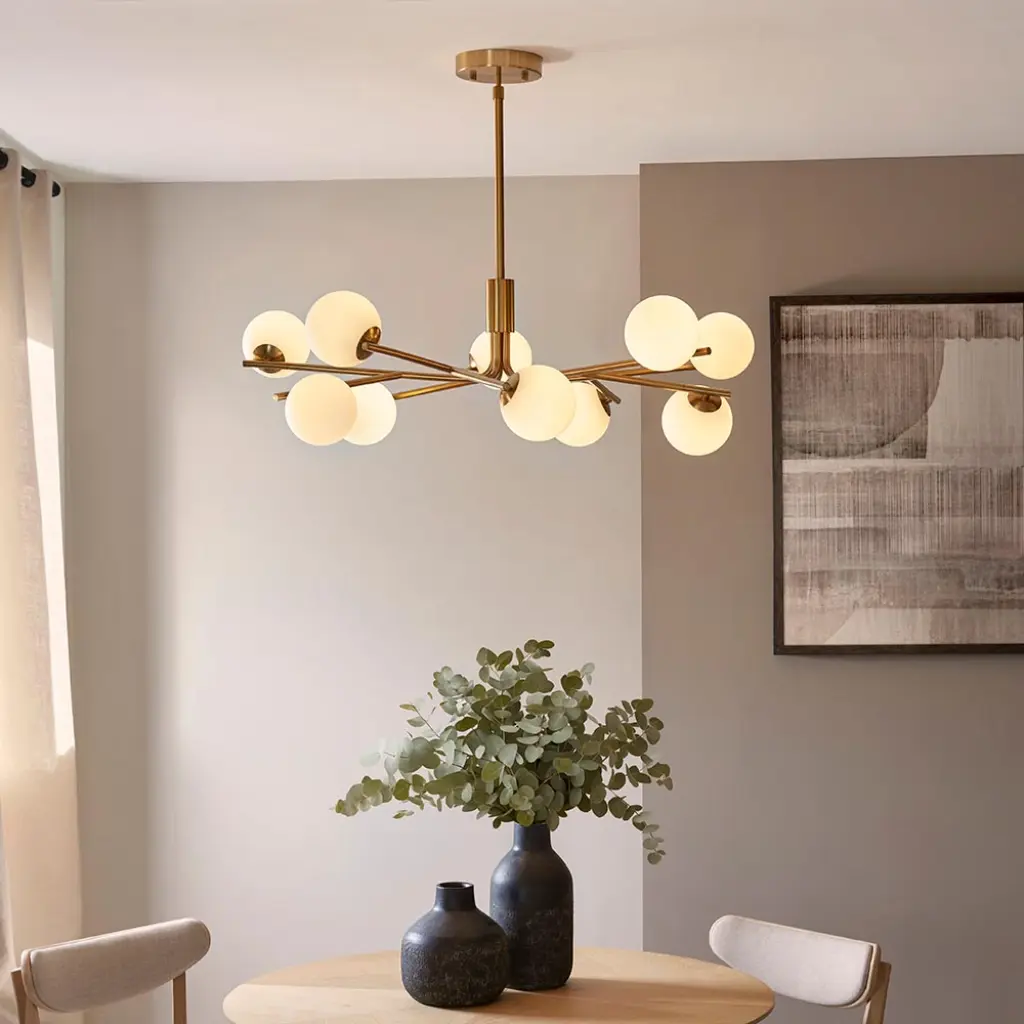 Aaron 10 Light Ceiling Pendant in Aged Brass & Opal Glass