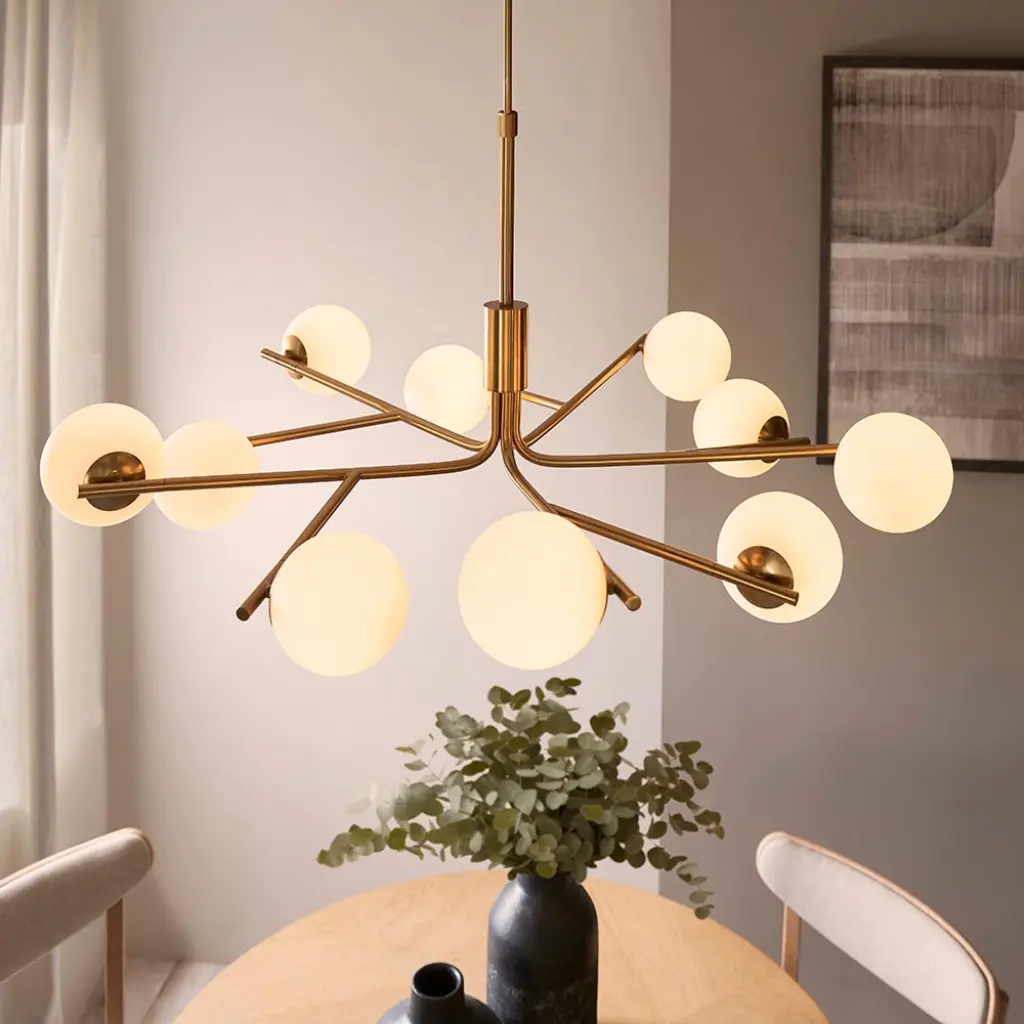 Aaron 10 Light Ceiling Pendant in Aged Brass & Opal Glass