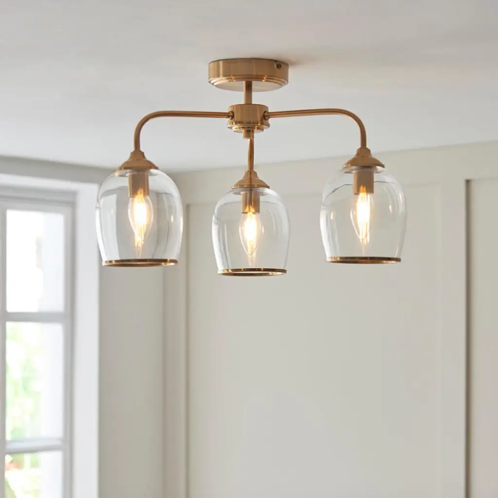 Ashcroft 3 Light Brass Semi Flush Fitting with Clear Glass Shades