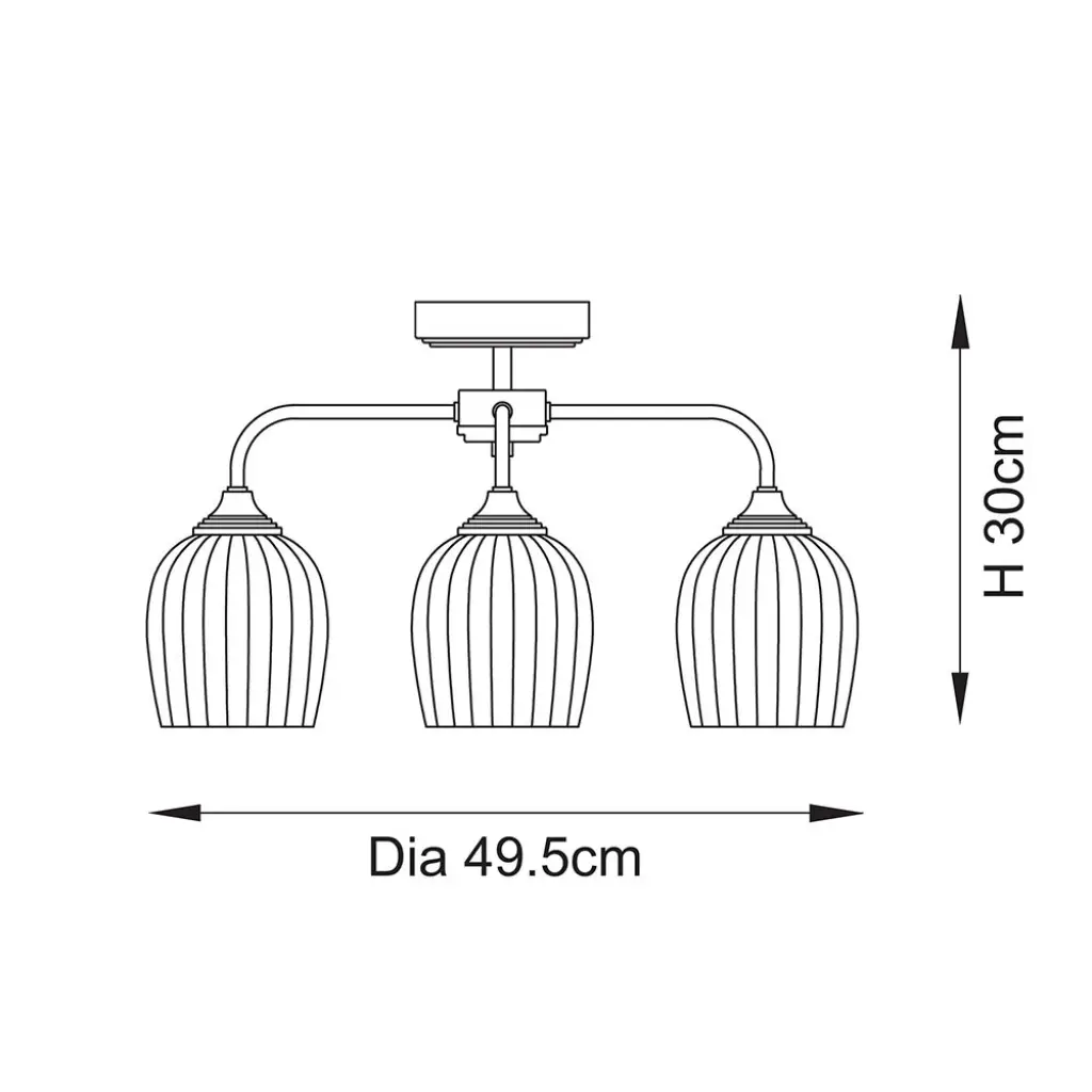 Ashcroft 3 Light Brass Semi Flush Fitting with Ribbed Glass Shades