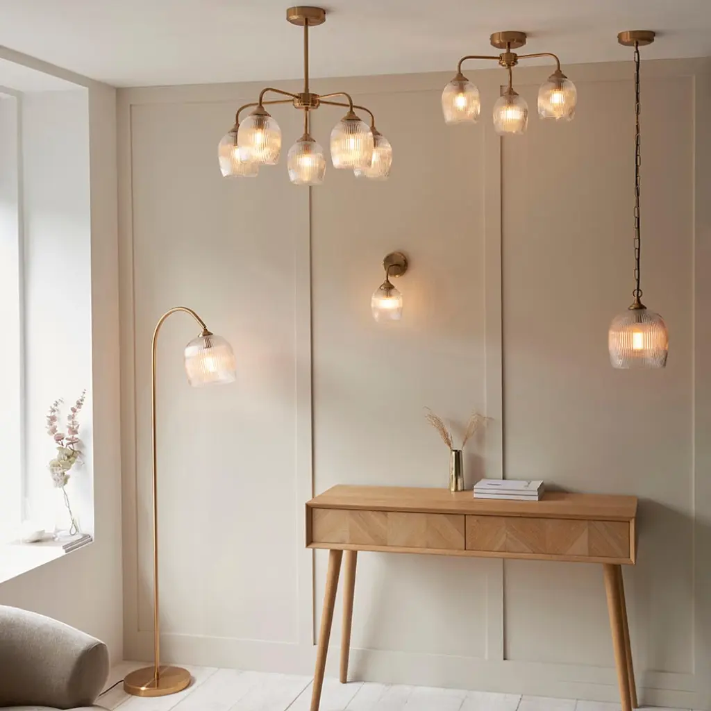 Ashcroft 5 Light Semi Flush with Ribbed Glass Shades