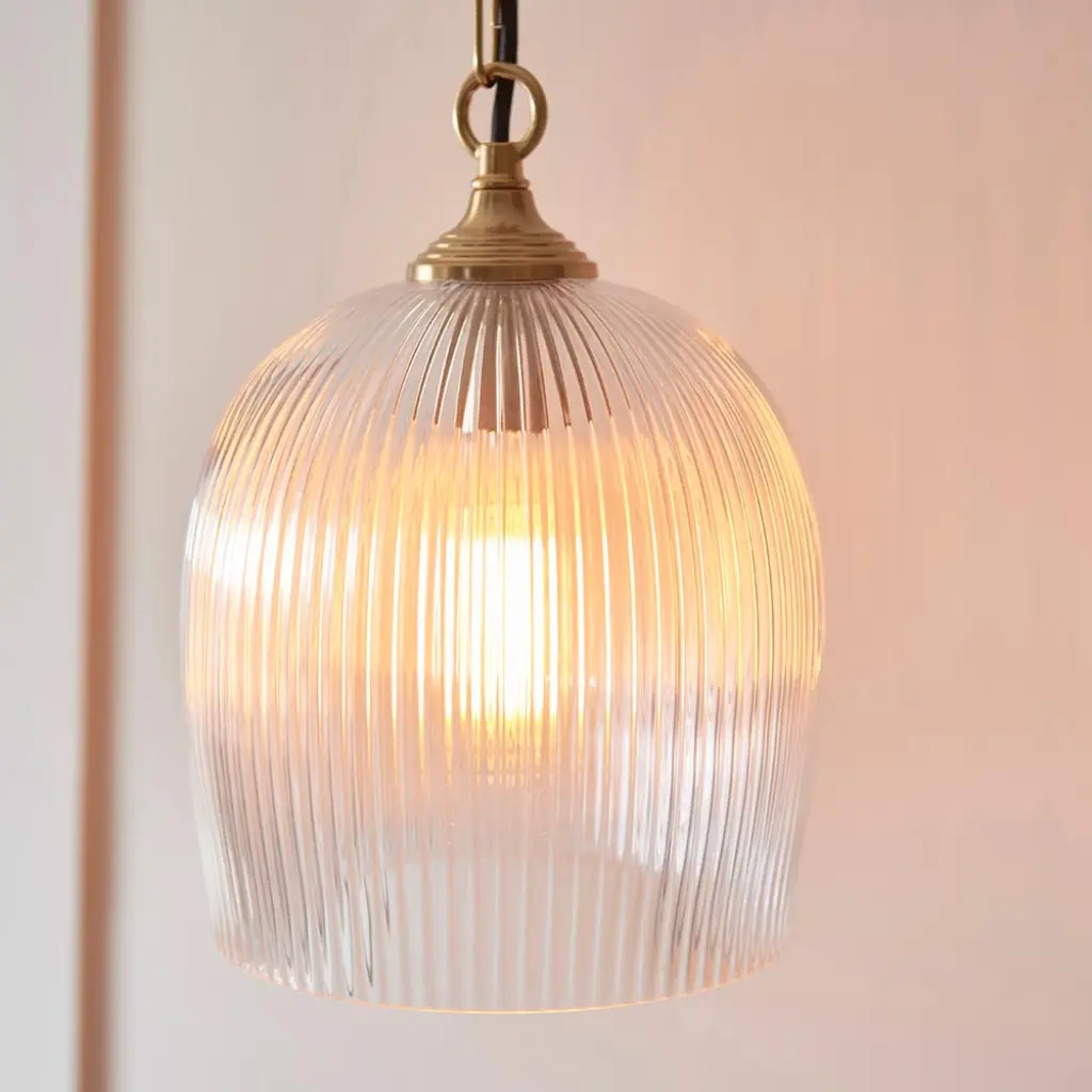 Ashcroft Single Brass Pendant with Ribbed Glass Shade