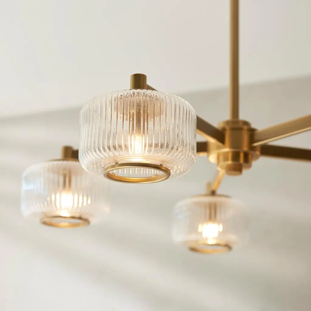 Stamford 5 Light Brass Pendant C/W Ribbed Shades