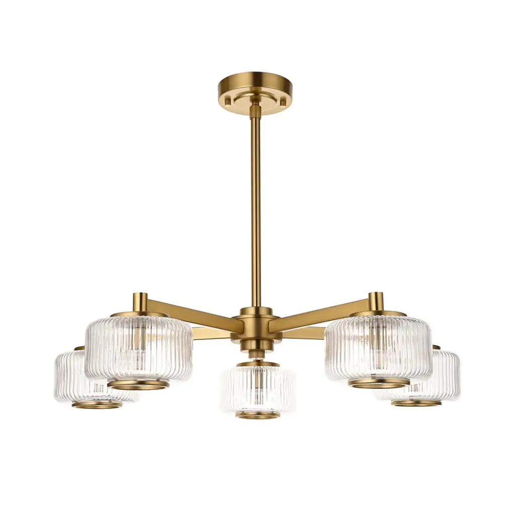 Stamford 5 Light Brass Pendant C/W Ribbed Shades