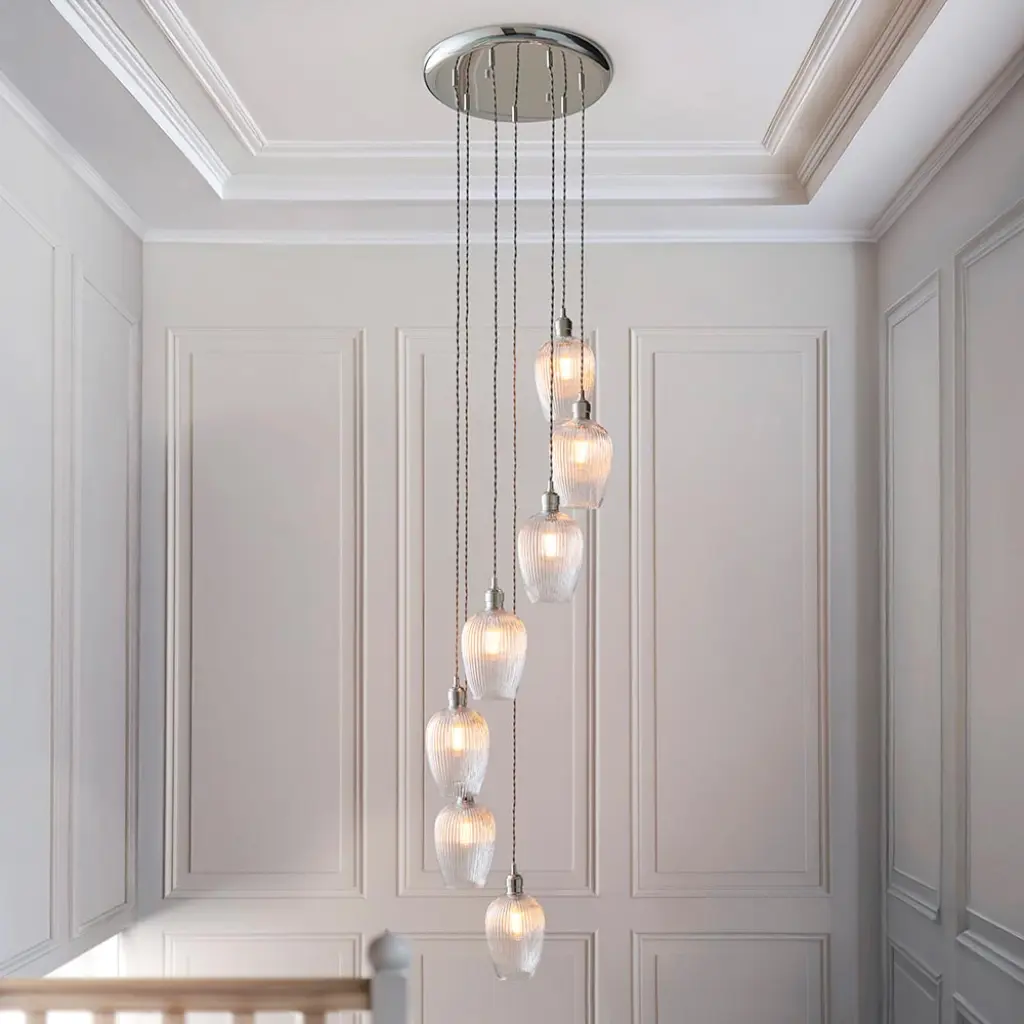 Millie Polished Nickel 7 Light Pendant with Ribbed Glass Shades