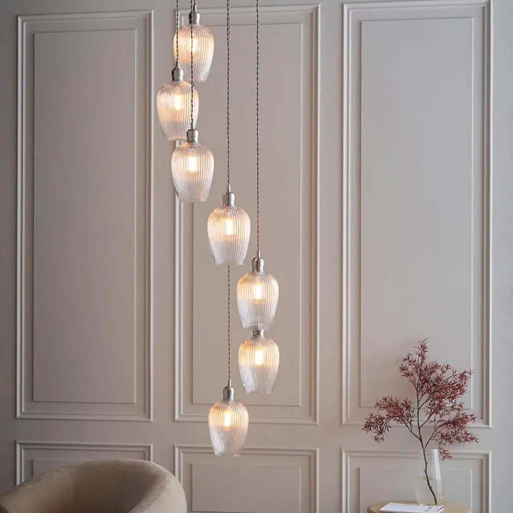 Millie Polished Nickel 7 Light Pendant with Ribbed Glass Shades