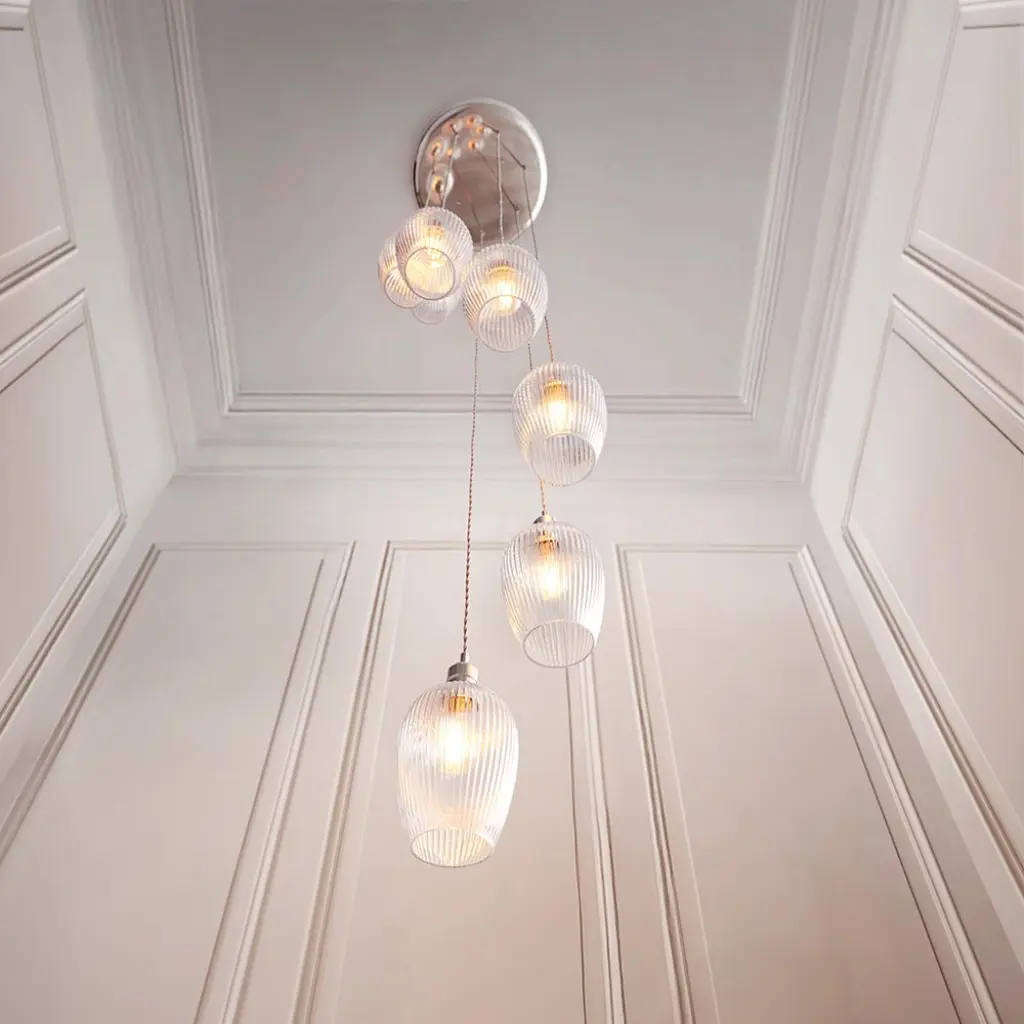 Millie Polished Nickel 7 Light Pendant with Ribbed Glass Shades