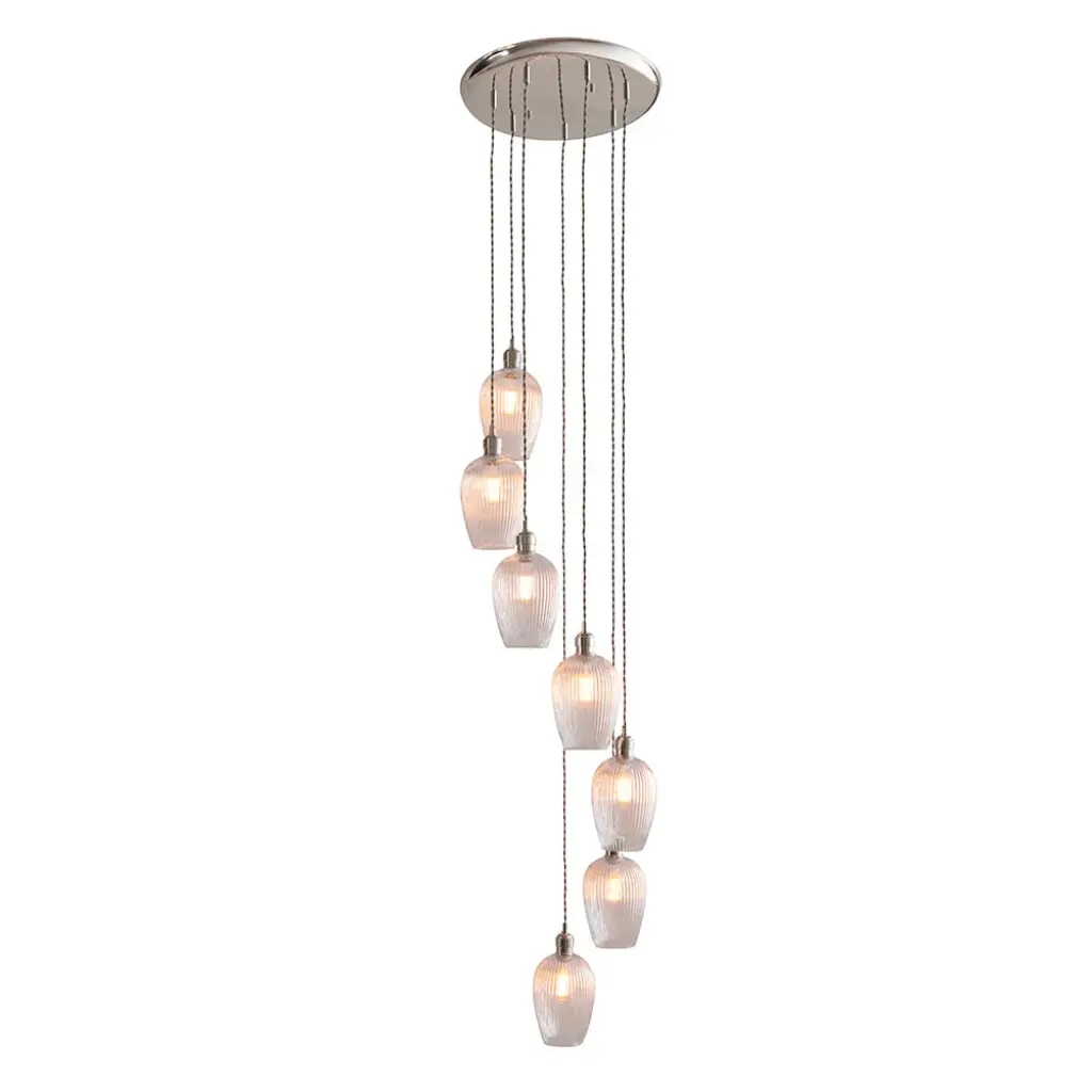 Millie Polished Nickel 7 Light Pendant with Ribbed Glass Shades