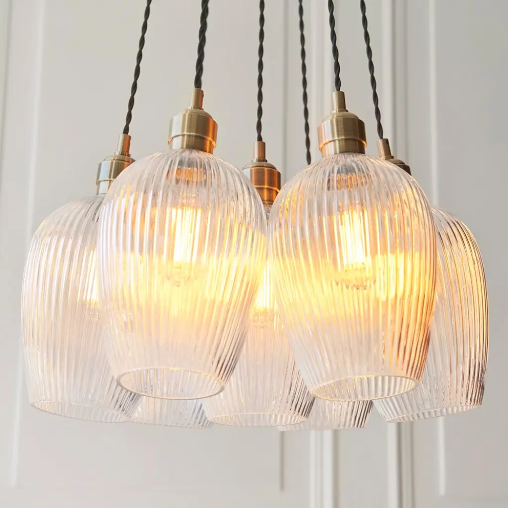 Mia Antique Brass 7 Light Cluster Pendant with Ribbed Glass Shades