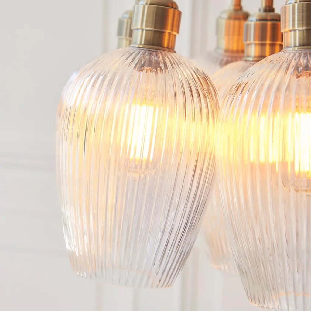 Mia Antique Brass 7 Light Cluster Pendant with Ribbed Glass Shades