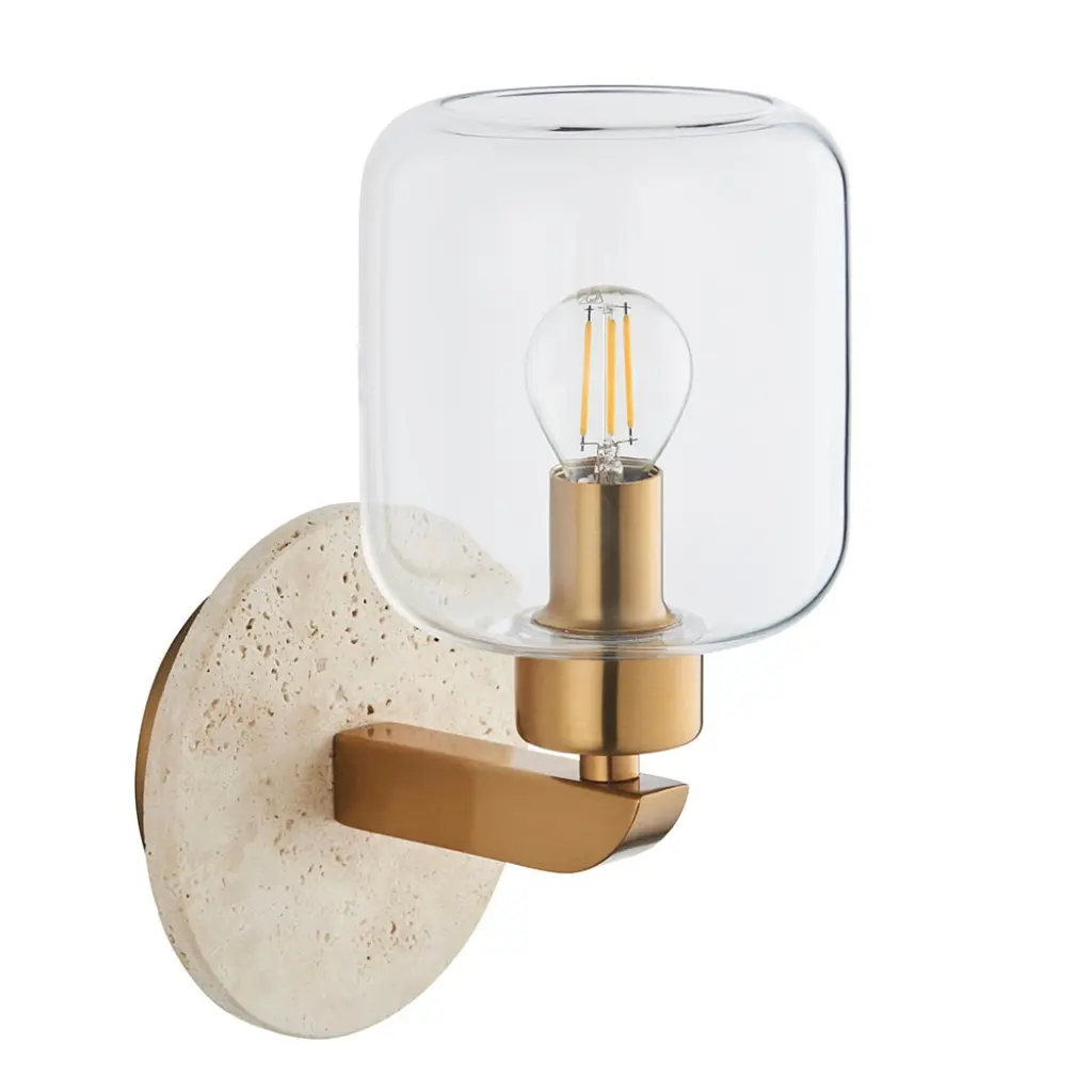 Travi Natural Travertime Stone Wall Light C/W Clear Glass Shade