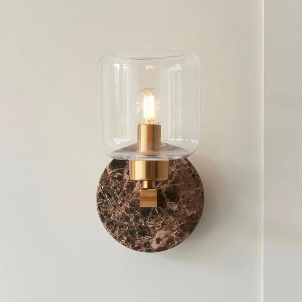 Travi Dark Brown Emperador Marble Wall Light C/W Clear Glass Shade
