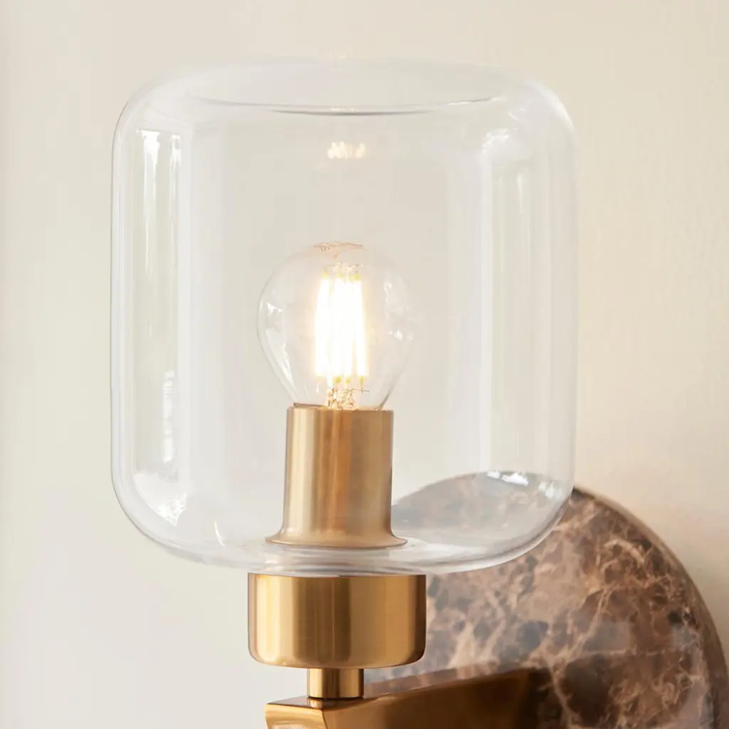 Travi Dark Brown Emperador Marble Wall Light C/W Clear Glass Shade