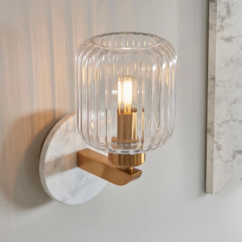 Travi White Volaskas Marble Wall Light C/W Ribbed Glass Shade