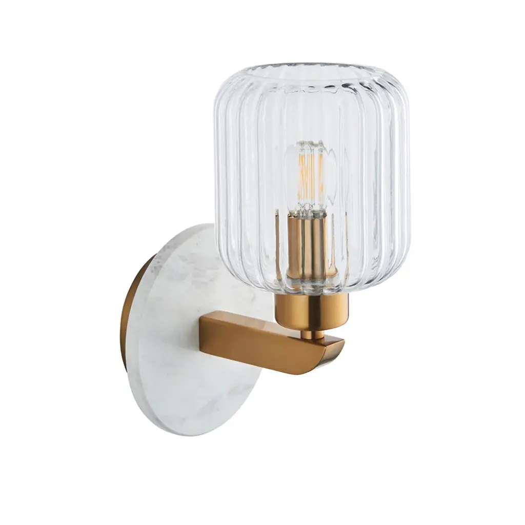 Travi White Volaskas Marble Wall Light C/W Ribbed Glass Shade