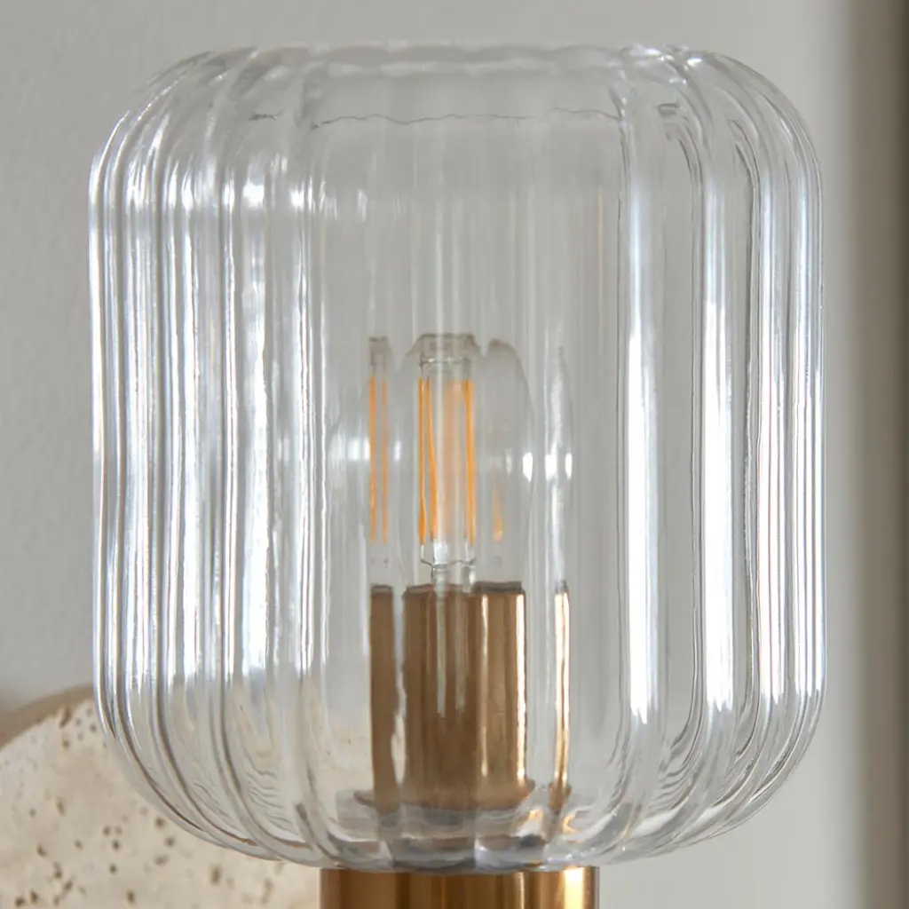 Travi Natural Travertime Stone Wall Light C/W Clear Ribbed Shade