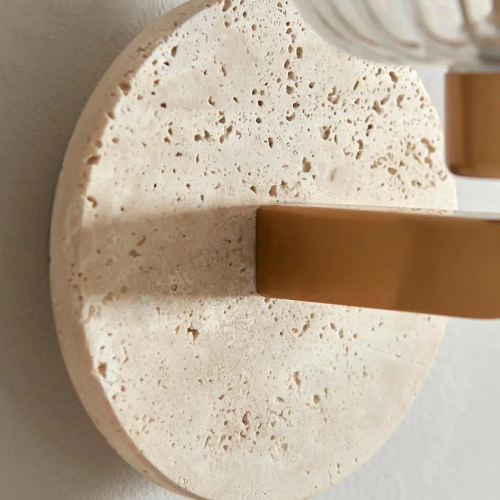 Travi Natural Travertime Stone Wall Light C/W Clear Ribbed Shade