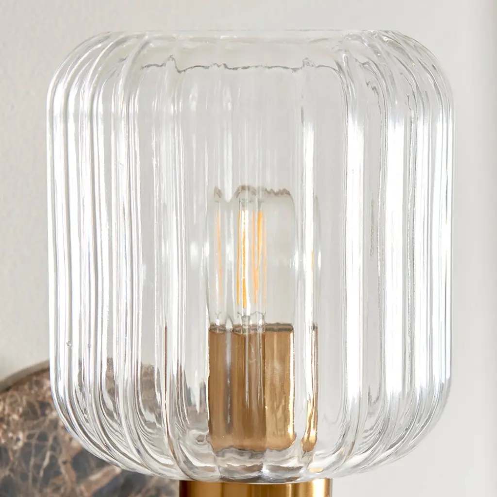 Travi Dark Brown Emperador Marble Wall Light C/W Ribbed Glass Shade