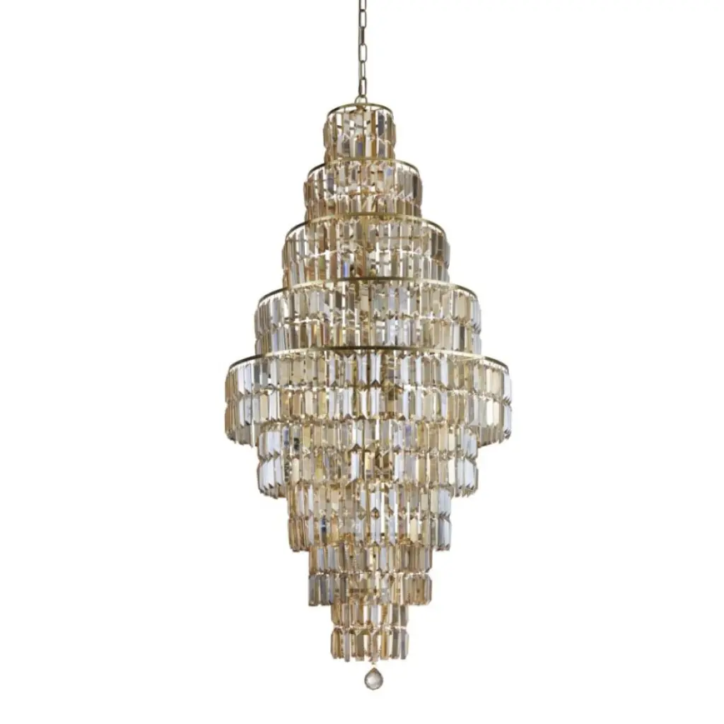 Empire 13 Light Satin Brass Tiered Chandelier Clear Crystal Coffin Drops