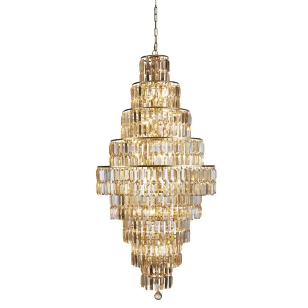 Empire 13 Light Satin Brass Tiered Chandelier Clear Crystal Coffin Drops