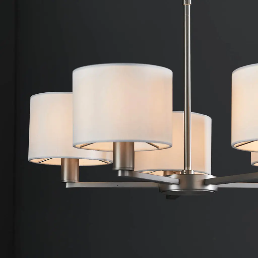 Daley 5 Light Multi Arm Pendant in Nickel C/W White Shades