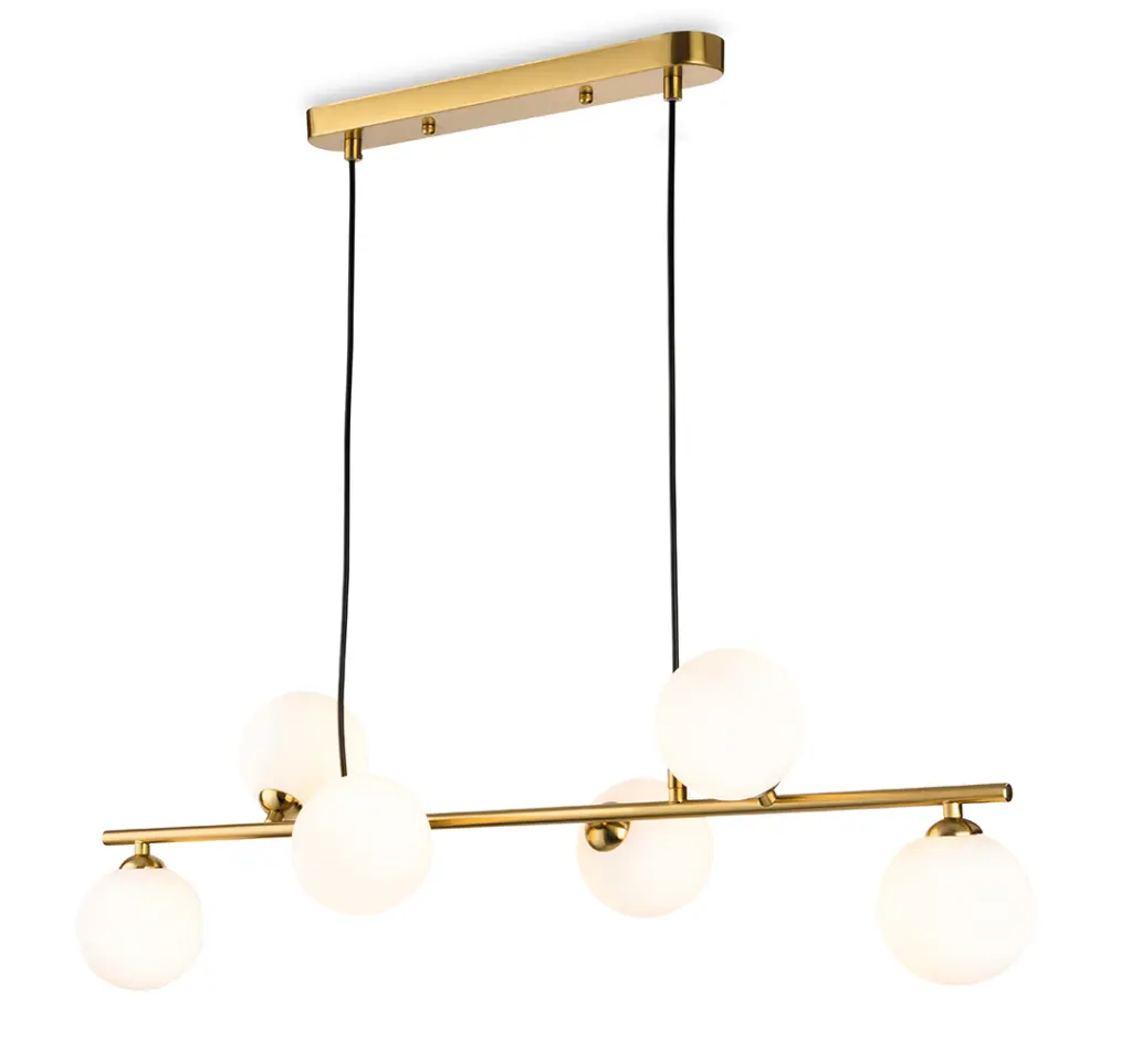 Lando 6 Light Brushed Brass Pendant Bar with Opal Glass Shades