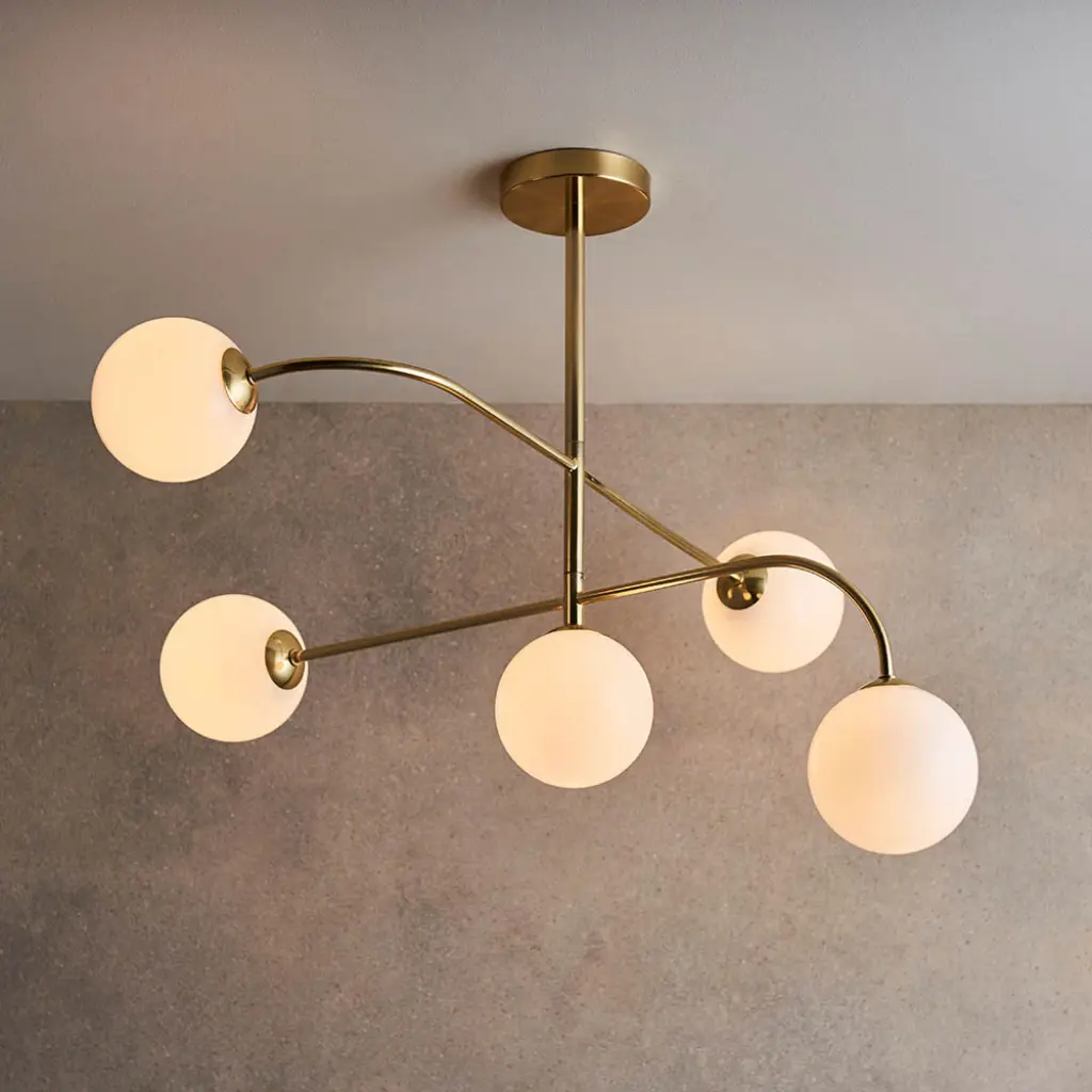 Otto 5 Light Semi Flush in Brushed Brass with Gloss White Glass