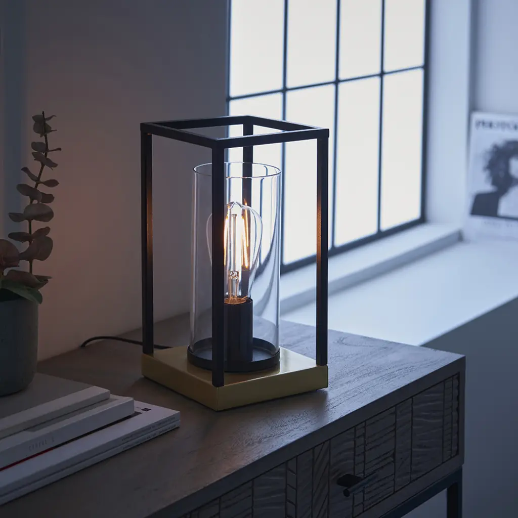 Caleb Satin Brass Framed Table Lamp with Clear Glass