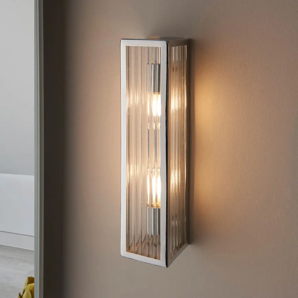Newham 2 Light Chrome Wall Light & Ribbed Glass IP44