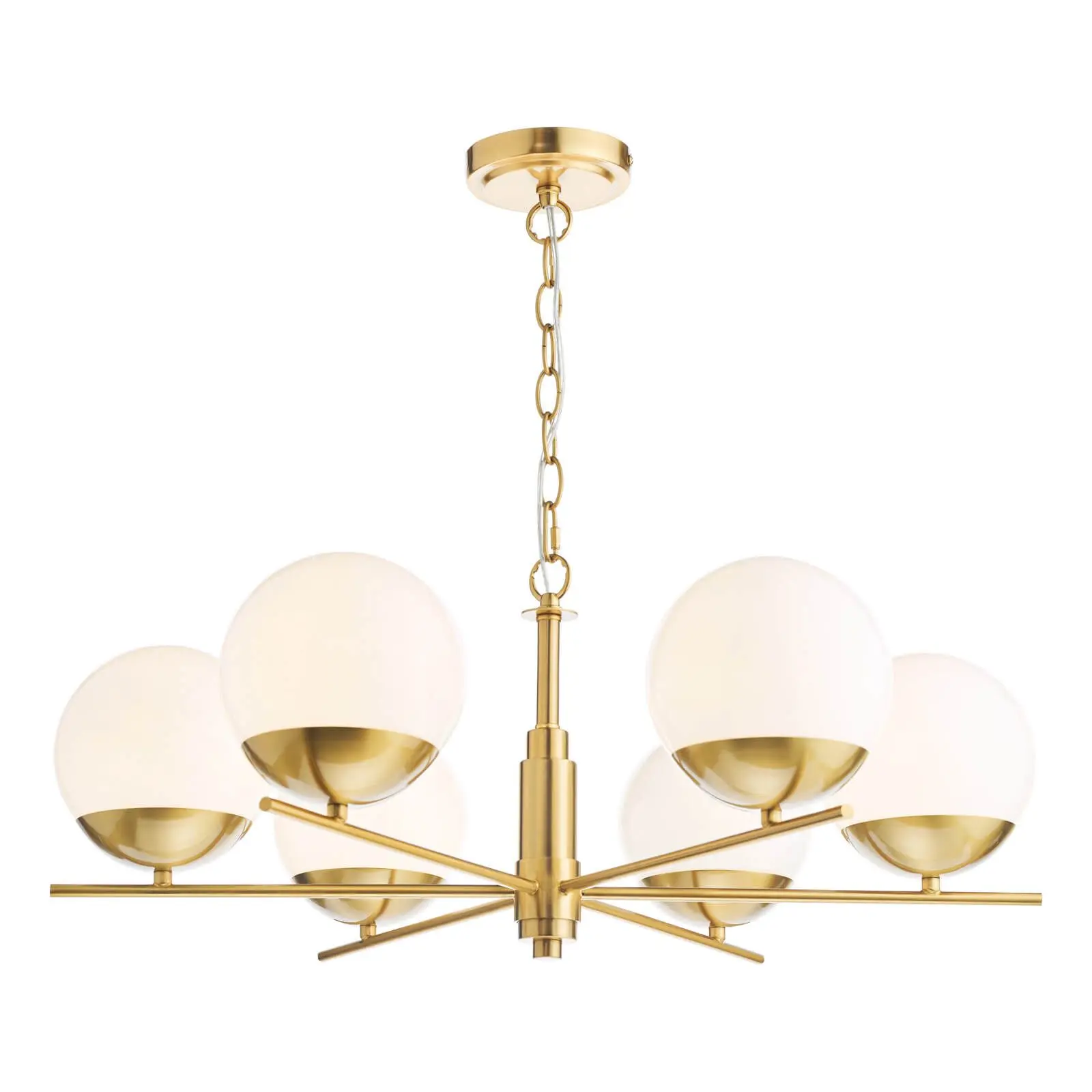 Bombazine 6 Light Pendant in Natural Brass C/W Opal Shades