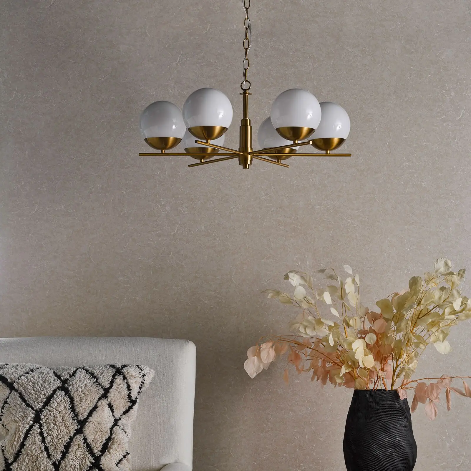Bombazine 6 Light Pendant in Natural Brass C/W Opal Shades