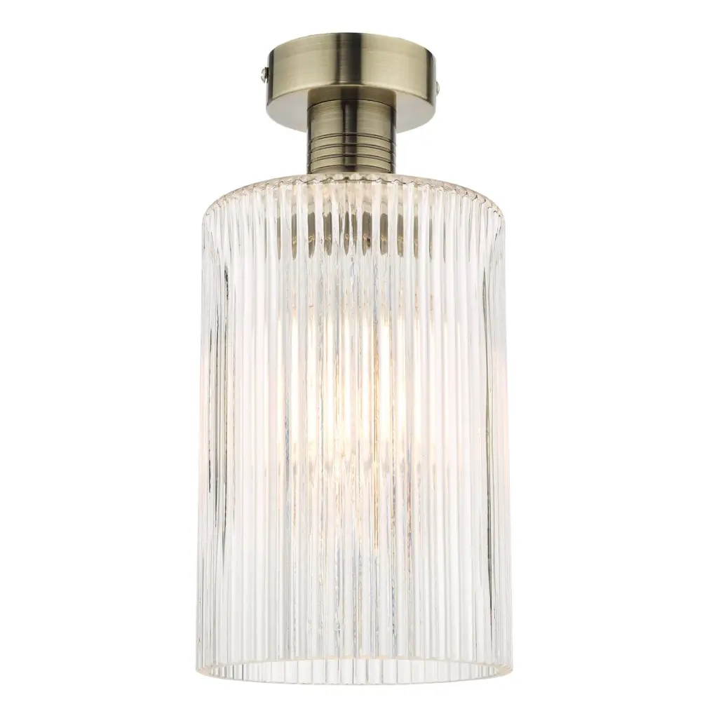 Emerson Antique Brass Semi Flush with Cylinder Ribbed Glass