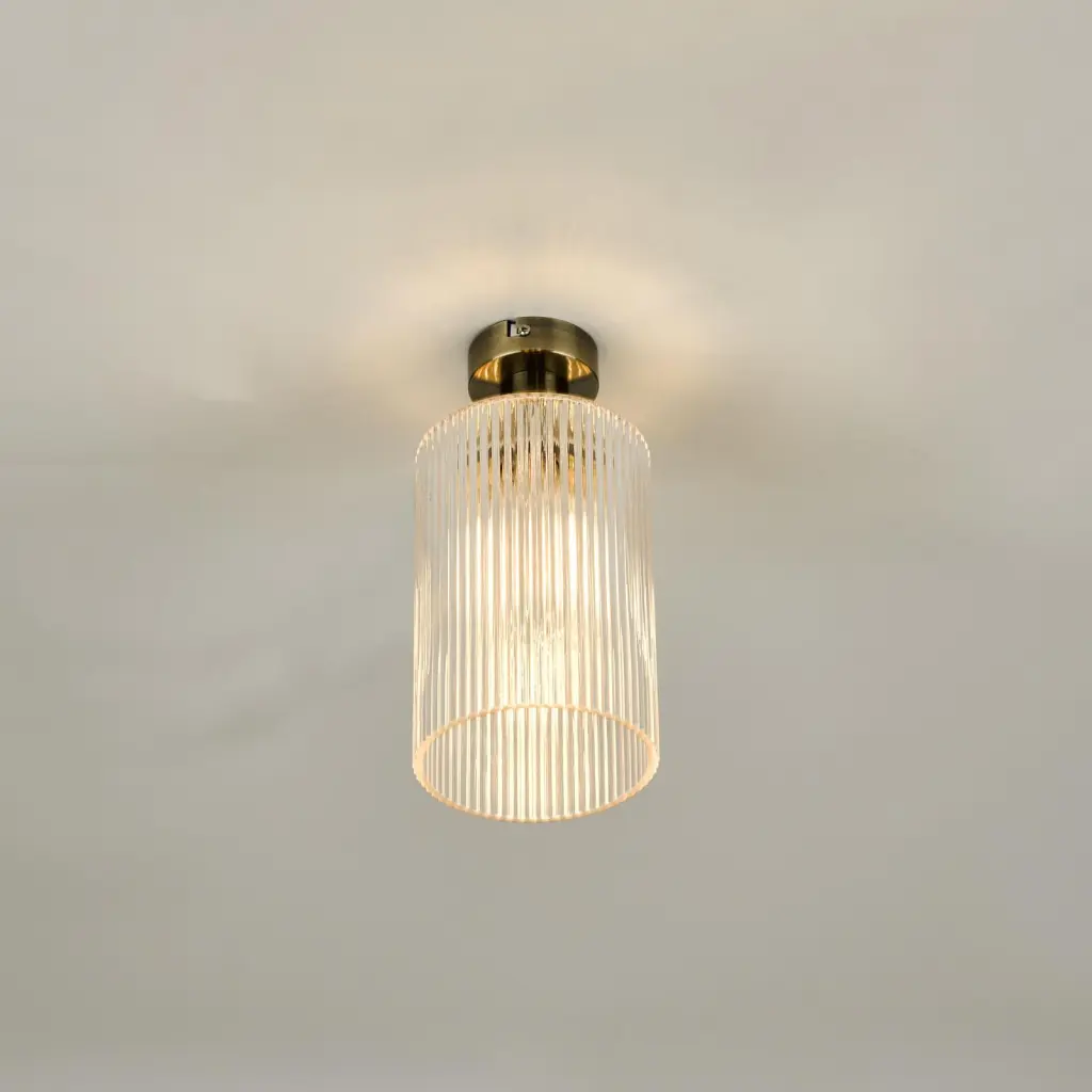 Emerson Antique Brass Semi Flush with Cylinder Ribbed Glass