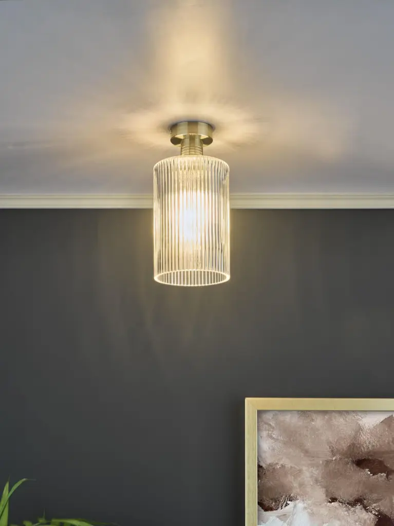 Emerson Antique Brass Semi Flush with Cylinder Ribbed Glass