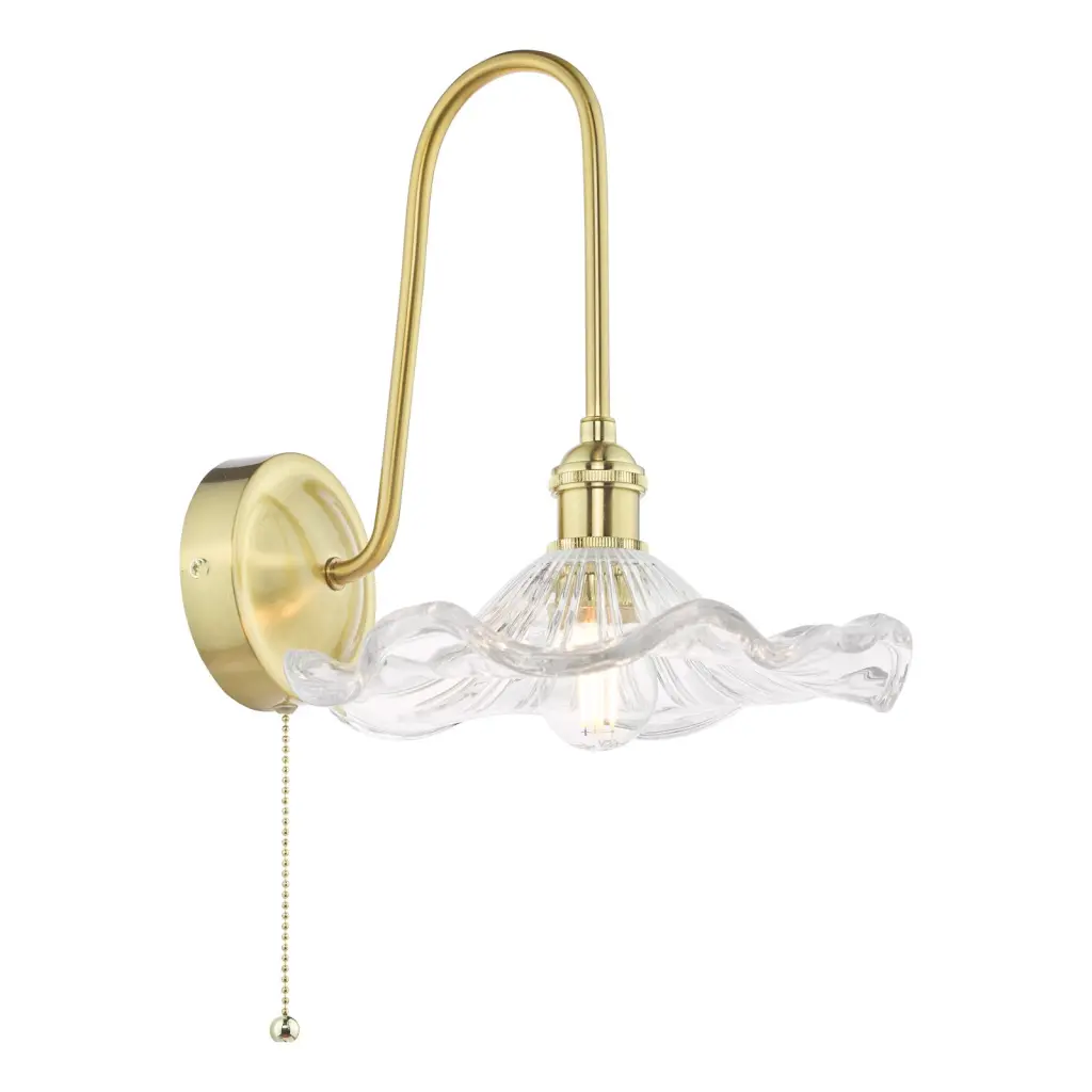 Hadano Brass Curved Arm Wall Light with Wavy Glass Shade