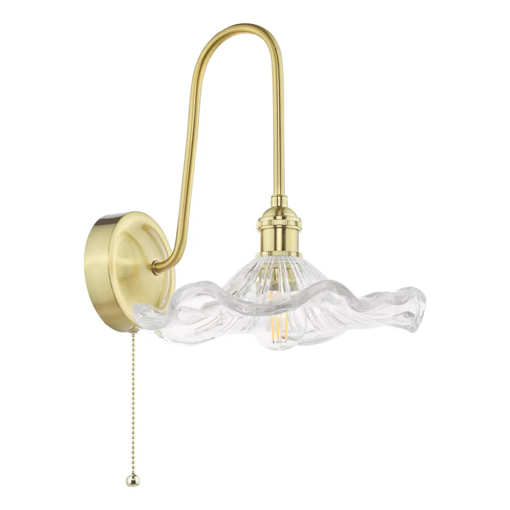 Hadano Brass Curved Arm Wall Light with Wavy Glass Shade