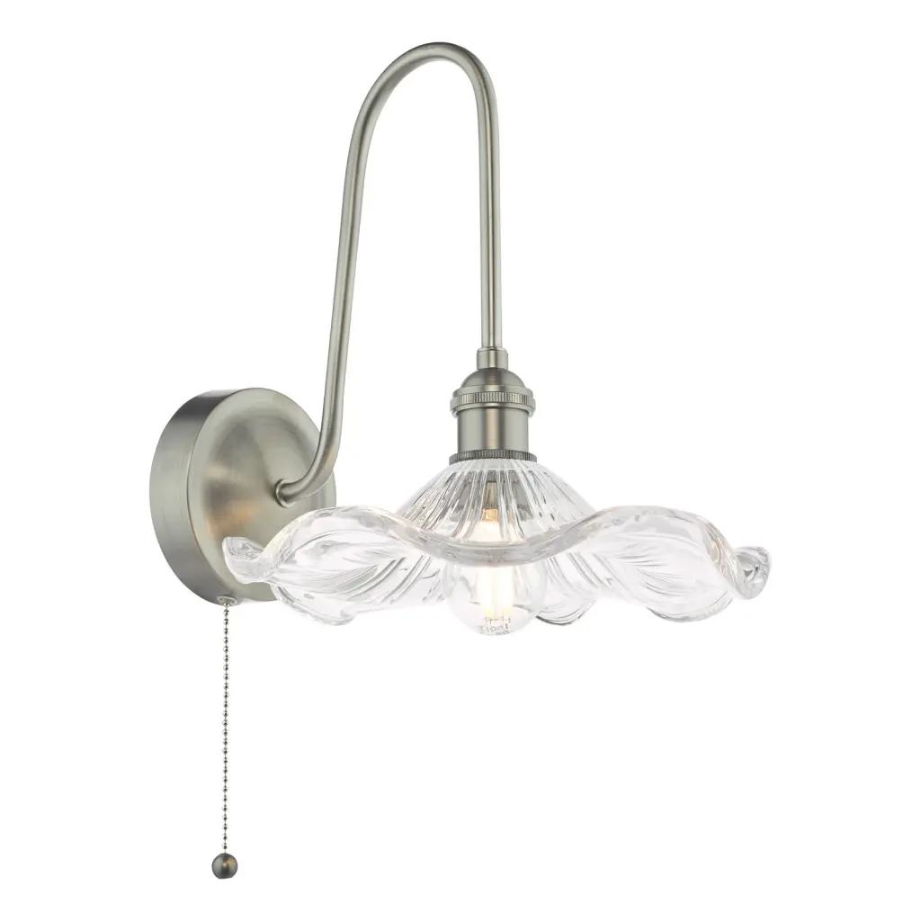 Hadano Antique Chrome Curved Arm Wall Light with Wavy Glass Shade