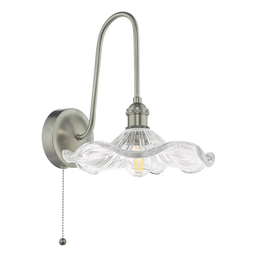 Hadano Antique Chrome Curved Arm Wall Light with Wavy Glass Shade